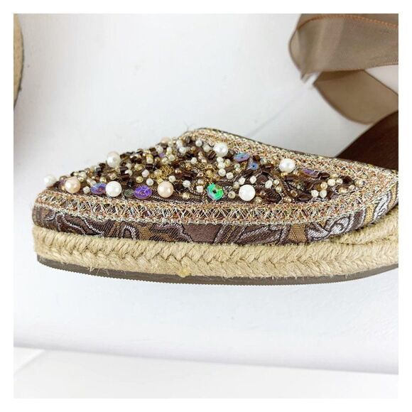 Steve Madden taupe Pearl/Bead/Crystal Embellished Wedge Ankle Wrap Boho Espadril - Picture 6 of 15